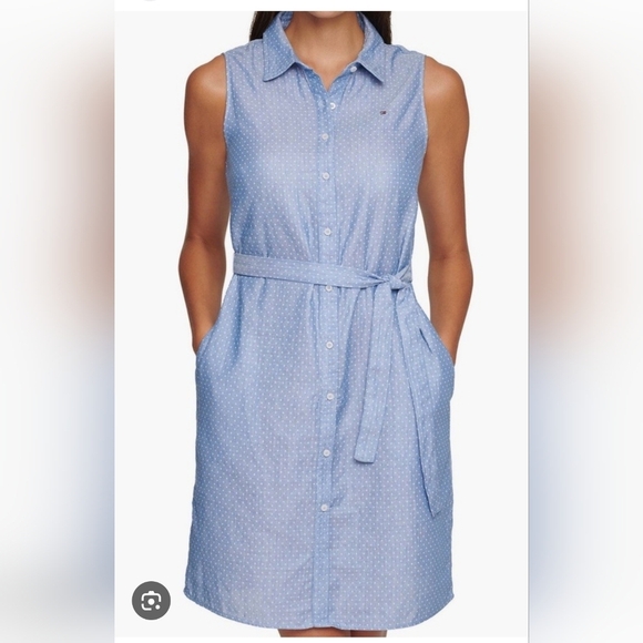 Tommy‎ Hilfiger Belted Blue Polka Dot Dress Size 10 with pockets - Picture 1 of 7